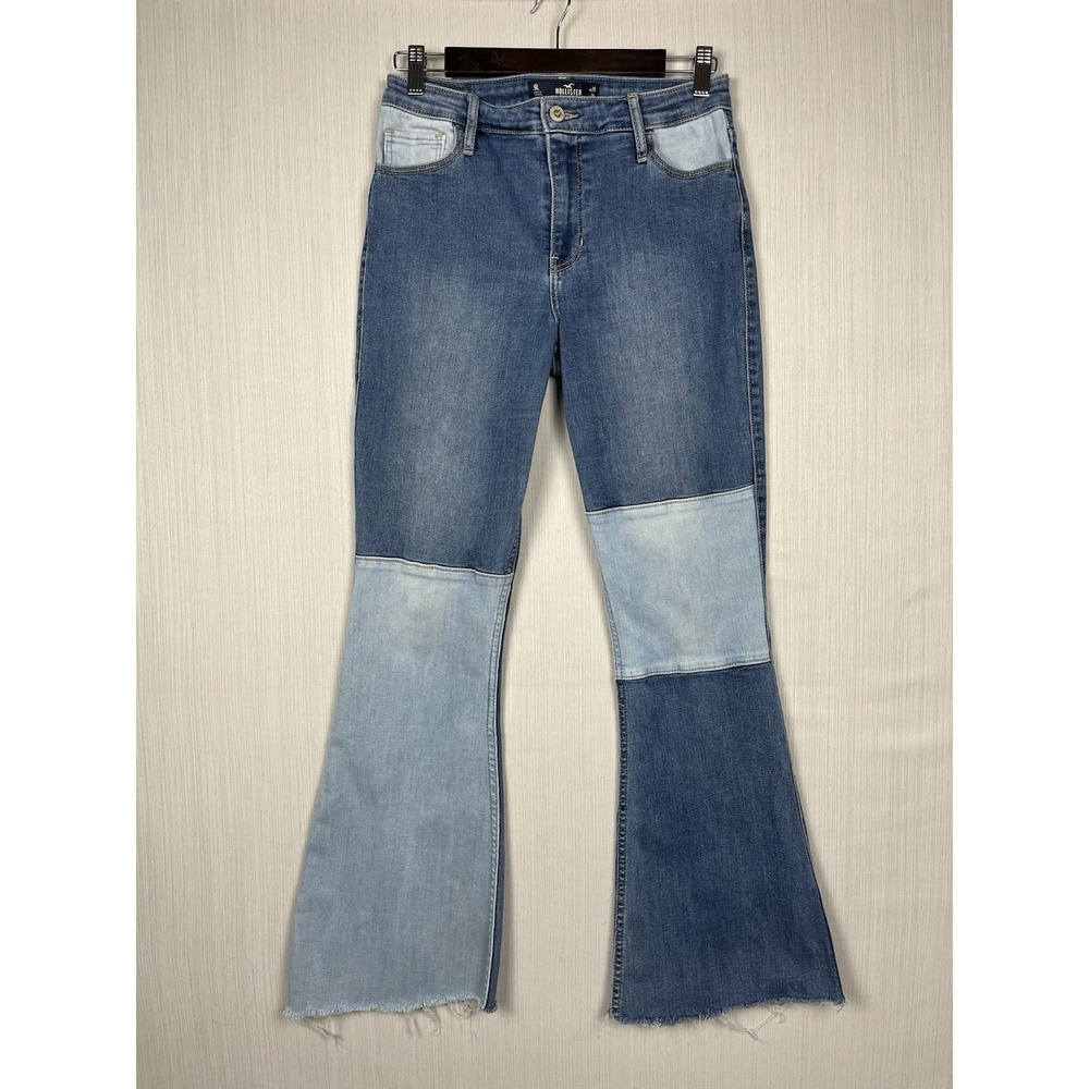 Hollister High Rise Vintage Flare Patchwork Jeans Womens 9L‎ Blue Raw Hem Boho